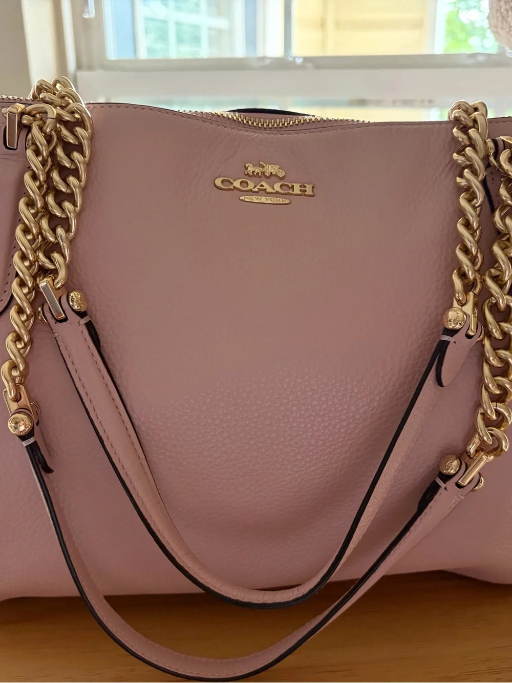 Coach Ava Chain Pebbled Leather Shoulder Tote in Pink with Gold Hardware